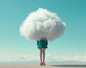A woman dressed in a green outfit and red shoes stands on a flat surface with a large, fluffy cloud hovering above her head, set against a clear blue sky filled with soft clouds