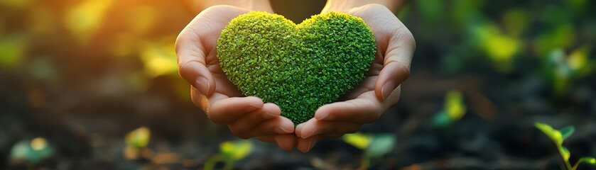 Two hands gently cradling a vibrant green heartshaped leaf, symbolizing love for nature, sustainability, and environmental consciousness, ultrarealistic, 8K resolution