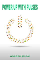 Minimalist vector art of World Pulses Day. A power symbol crafted from colorful pulse seeds, highlighting the importance of pulses in nutrition.