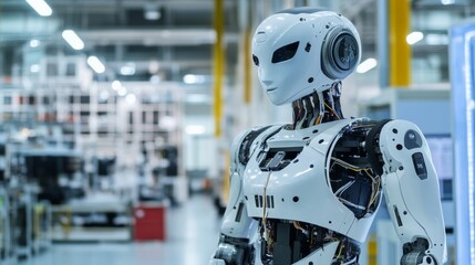 Fototapeta premium A full-body shot of a humanoid robot with a high-tech appearance and detailed mechanics, displayed in an advanced manufacturing facility, Tech-savvy style