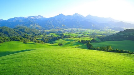 Obraz premium Rolling hills and mountains at sunrise, idyllic landscape, nature background, perfect for travel brochures