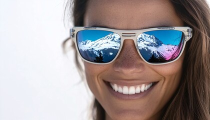Naklejka premium Smiling woman in sunglasses with vibrant landscape features blended within her image, showcasing the beauty of nature through double exposure artistry.