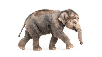 Naklejka premium Young elephant calf walking on white background