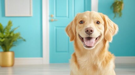 Capture the heartwarming scene of A cheerful dog eagerly greeting its owner at the door, highlighting loyalty, love, and support in a vibrant home with this golden retriever's enthusiastic welcome