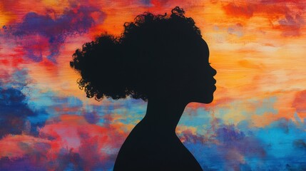 Silhouette of african female against colorful sky background