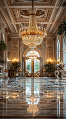 Fototapeta premium Luxurious chandelier opulent hallway with marble flooring and elegant decor. grandeur of space is enhanced by intricate details and soft lighting