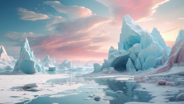 A serene Arctic landscape featuring dramatic ice formations and floating icebergs reflected in still water.