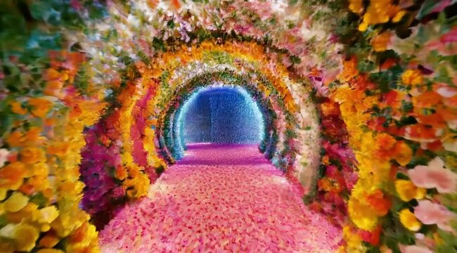 A long, colorful tunnel made of flowers. The tunnel is arched and the flowers are of various colors. The floor is covered in pink petals. The atmosphere is magical and dreamy.