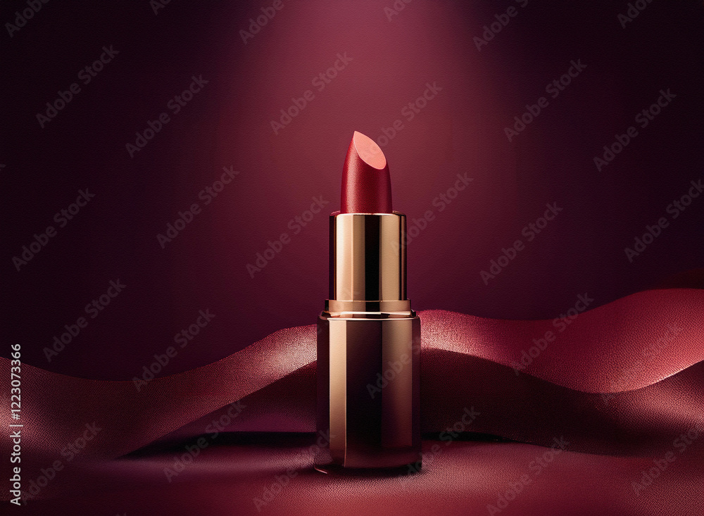 Poster a single tube of deep red lipstick rests on a luxurious, dark crimson silk fabric, dramatically lit 