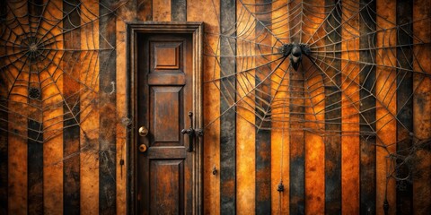 A worn and faded orange and black striped wallpaper with a giant spider web pattern on it