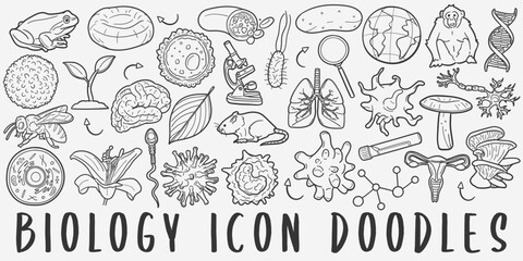 Biology Sciences Doodle Icons. Hand Drawn Made Line Art. Lab Biologist Clipart Symbol Design.