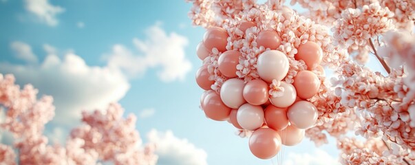 Celebrate a joyous festival honoring kindness champions on this Kindness Day Discover vibrant Celebration Events featuring pink and white balloon-like tree blossoms under a beautiful blue sky Join us