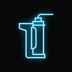 Blue neon icon of a water cooler glowing on a black background