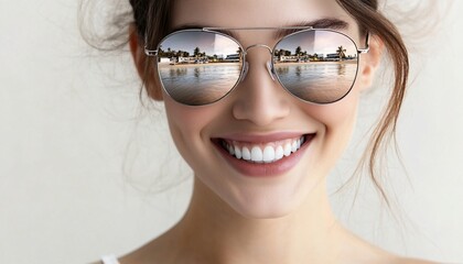 Smiling Woman with Sunglasses in a Serene Landscape Double Exposure Effect
