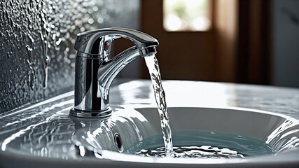 A detailed close-up of water gently trickling from a chrome faucet, capturing the sparkling droplets as they fall into a smooth basin below