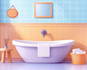 Naklejka premium Discover a neat bathroom with a pet bathing area, showcasing a well-organized hygiene routine for health and wellness, featuring a clean bathtub, a towel, and a bucket of rolled towels Explore the