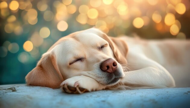 Discover a heartfelt depiction of a pet resting peacefully, symbolizing emotions and profound feelings of love in this serene image of a golden Labrador dog sleeping calmly A heartwarming portrait
