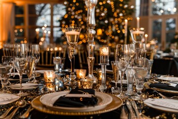 Luxurious Festive Dining, A Sophisticated Holiday Table with Gold, Black, and Sparkling Accents, Festive New Year's table. Festive table. A glass of champagne. Feast. Food and drinks. Buffet.