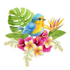 Bird chick sits on branch in tropical flowers and lush greenery. Watercolor painting tropics composition consisting of  hibiscus, plumeria and green leaves.
