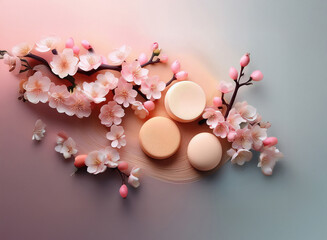 Soft, peach-colored discs rest on a pale surface, adorned by delicate cherry blossoms in full bloom.  A pastel background enhances the serene scene.
