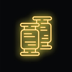 Yellow glowing neon icon of two thread spools, isolated on black background
