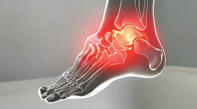 A transparent X-ray of a human ankle with the talus bone and fibula highlighted in red, suggesting a fracture or injury. The background is a simple grey.