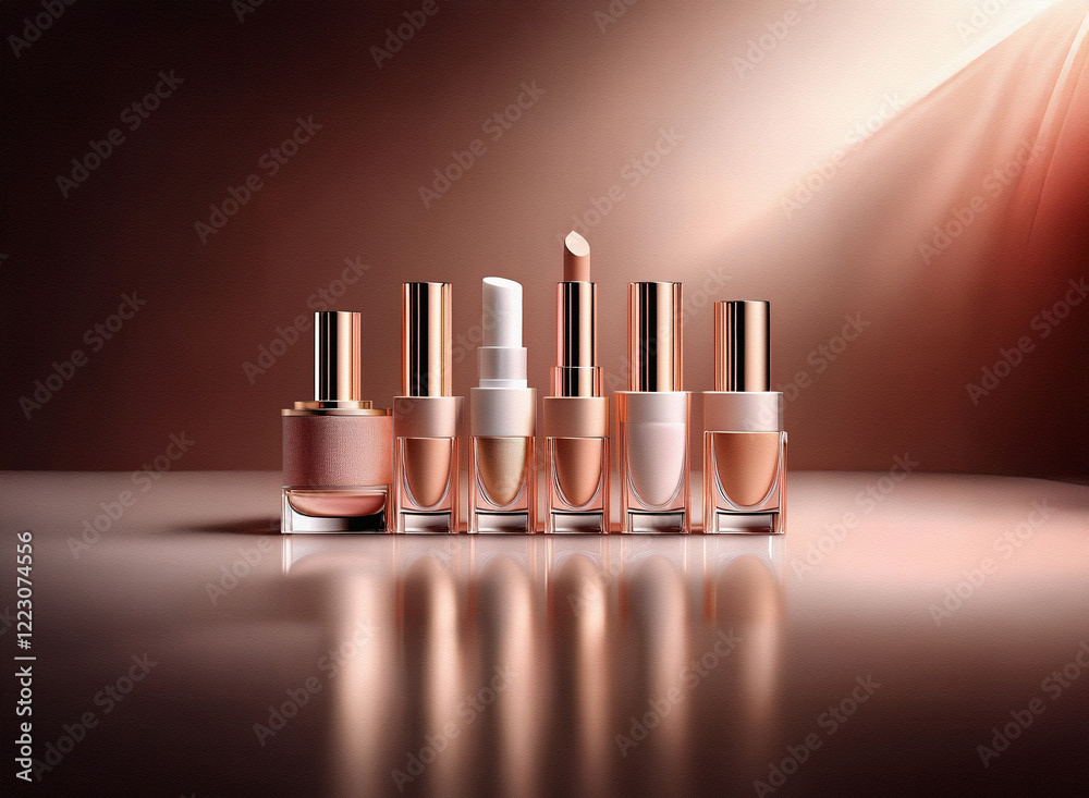 Poster A row of elegant cosmetic products in neutral tones sits on a reflective surface, illuminated by a warm spotlight.  The bottles and tubes showcase sophisticated design.