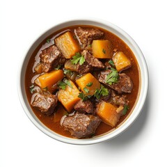 A bowl of hearty beef stew with root vegetables, isolated white background, minimalist art style
