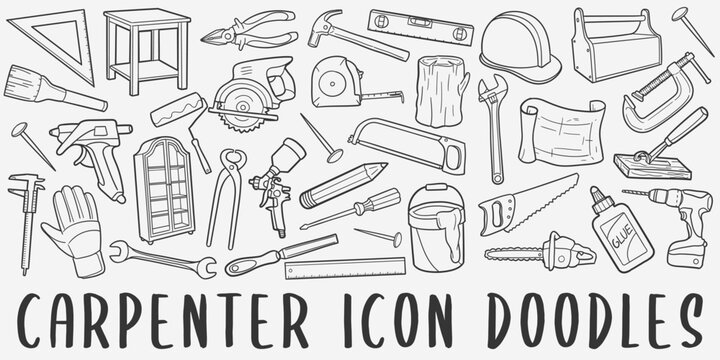 Carpenter Doodle Icons. Hand Drawn Made Line Art. Wood Working Clipart Symbol Design.