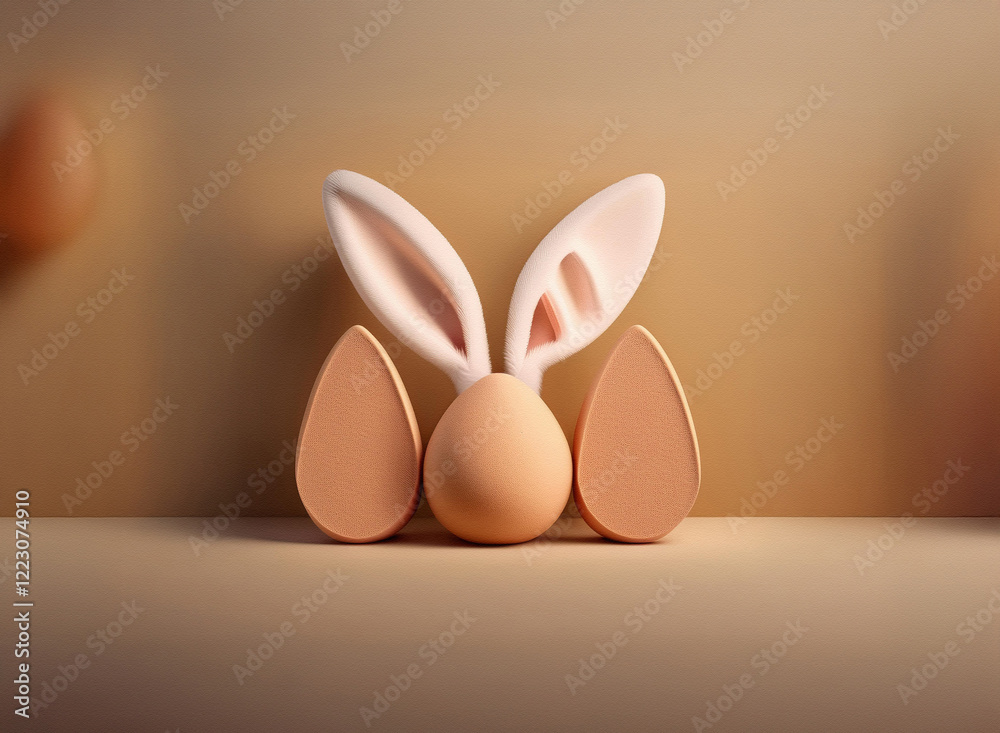 Poster a minimalist easter design featuring a beige egg with bunny ears flanked by two similar-shaped eggs 