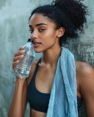 Drinking water after a workout, towel on shoulders
