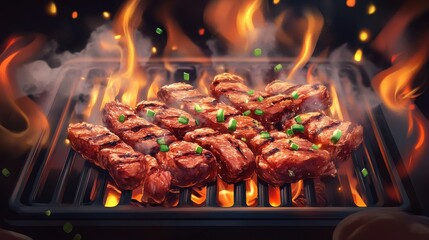 Succulent grilled meat with flames and chives on barbecue grill