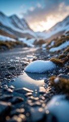 Serene Sunrise Mountain Landscape with Snow and Stream