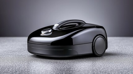 Robotic vacuum cleaner on floor, grey background, home cleaning