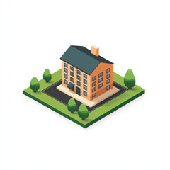 Isometric view of a modern residential house with a small garden.