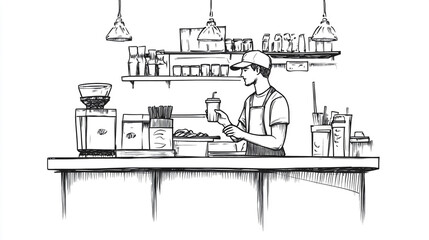 Barista prepares a beverage in a cozy coffee shop during the morning rush hour