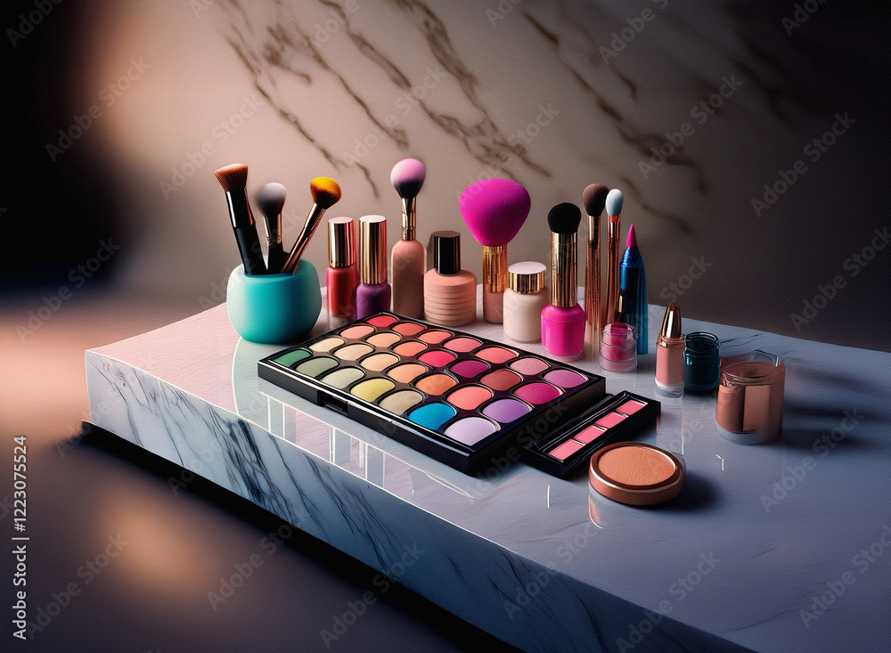 Poster A stylish arrangement of colorful makeup products and brushes displayed on a marble surface.  The vibrant hues and sleek packaging create a visually appealing composition.