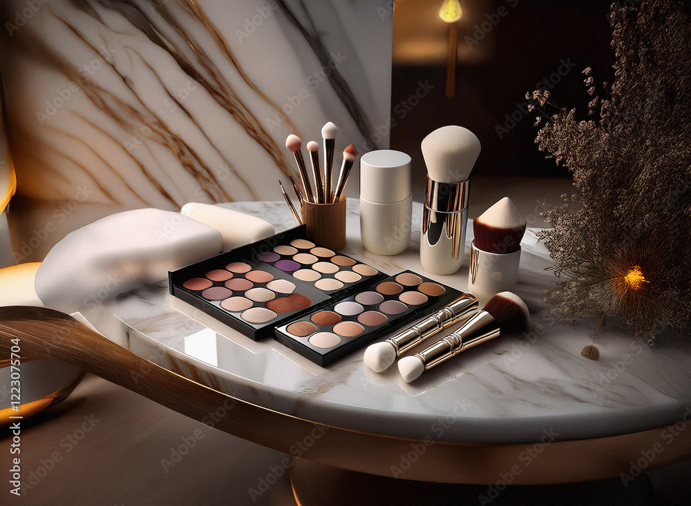 Poster Elegant makeup tools and palettes arranged on a marble surface. Soft lighting enhances the luxurious feel.  Subtle, warm tones create a sophisticated atmosphere.