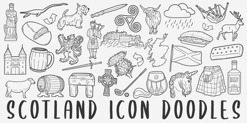 Scotland, Doodle Icons. Hand Drawn Made Line Art. Scottish Highlands Clipart Symbol Design.