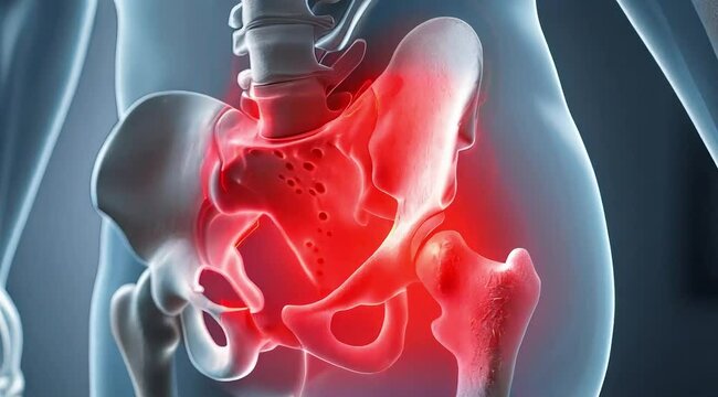 A human hip joint showing a red area indicating inflammation. The image resembles a medical illustration, with a blue and white color scheme.