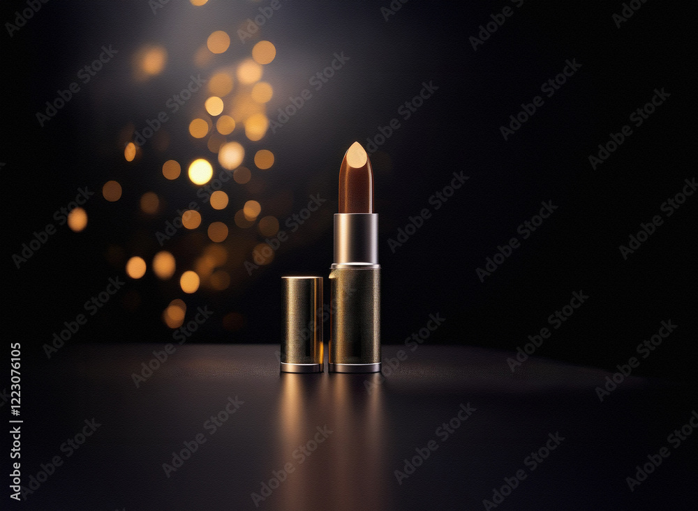 Poster A luxurious brown lipstick with a gold casing sits on a reflective surface, illuminated by a bokeh of warm lights in the background, creating a glamorous and festive feel.