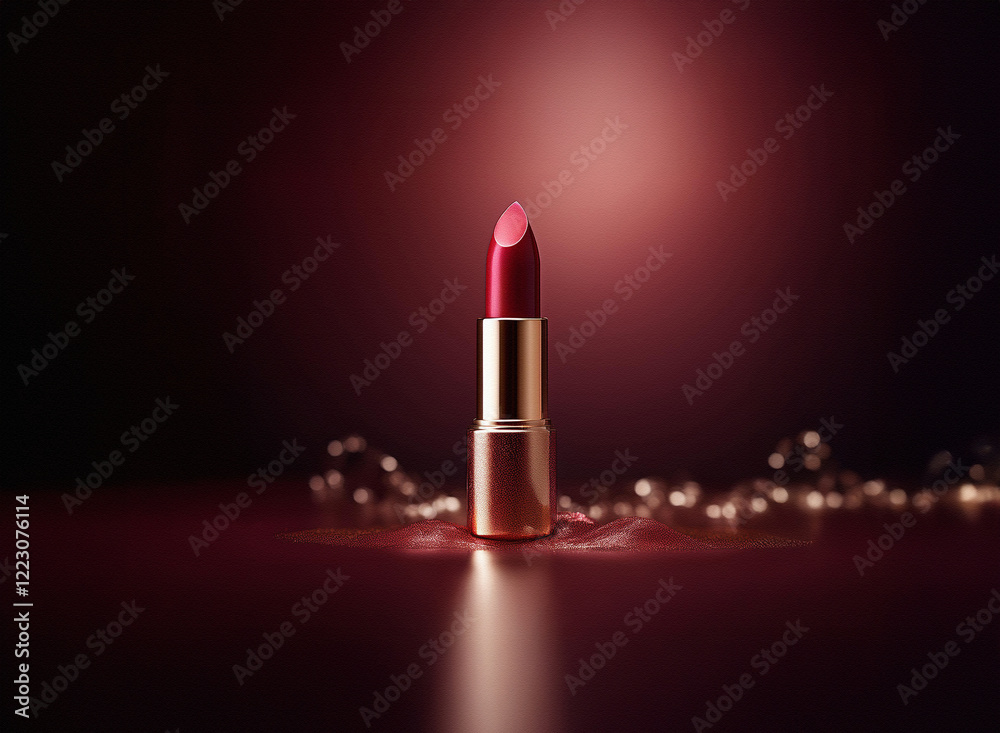 Poster a single tube of dark red lipstick with gold casing stands on a dark red surface, adorned with shimm
