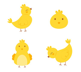 Set of cute cartoon chicks isolated on white background. Vector character in hand drawn flat cartoon style. Funny Easter chicks clipart