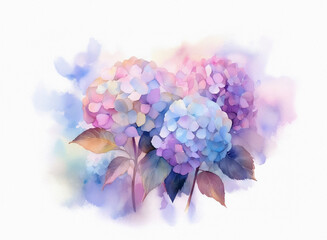 Obraz premium A watercolor painting showcases a delicate cluster of hydrangeas in soft pastel hues of purple, pink, and blue. The blooms are rendered with soft, blurred edges, creating a dreamy, romantic atmospher