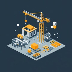 Fototapeta premium Isometric construction site with materials, equipment, and machinery.