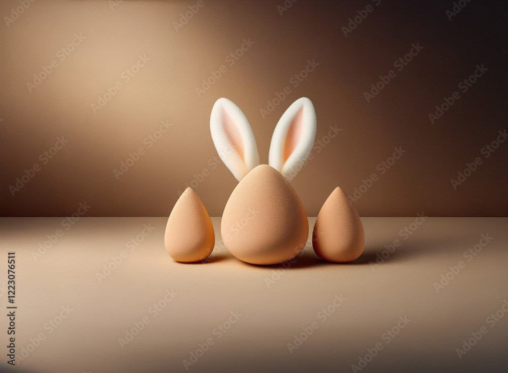 Poster a light brown egg-shaped object with bunny ears sits between two smaller, similar objects on a neutr