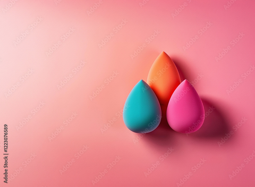 Poster three vibrant teardrop-shaped makeup sponges rest on a soft pink background, creating a visually app