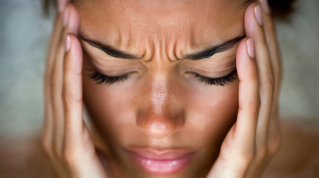 gros plan sur le visage d'une femme qui &agrave; une migraine et se tient les tempes