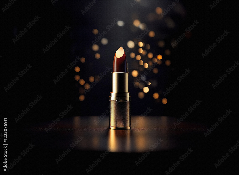 Poster A dark brown lipstick with a gold casing sits on a reflective surface against a bokeh background of warm-toned lights.  Elegance and luxury are subtly conveyed.