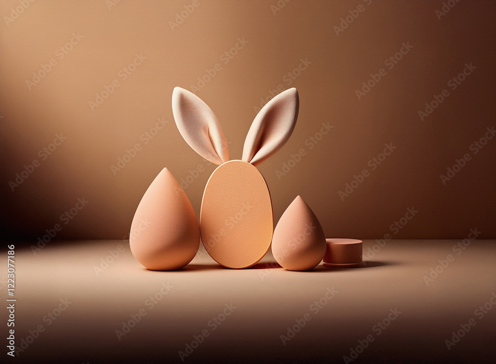 Leinwandbilder A minimalist Easter scene featuring an egg-shaped object with bunny ears, flanked by teardrop shapes on a neutral background.  The forms are smooth and subtly lit.